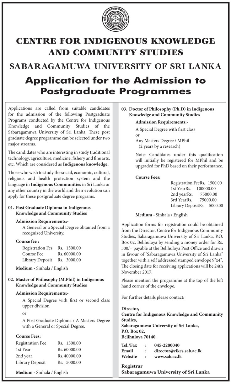 Postgraduate Programmes - Sabaragamuwa University of Sri Lanka